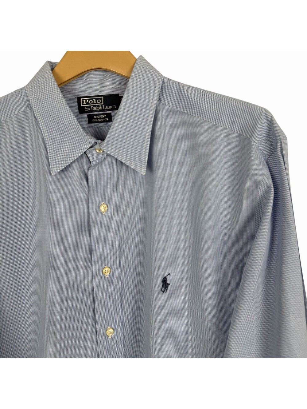 VTG Polo Ralph Lauren Andrew Shirt 17.5 34/35 Blue Micro Check Cotton XL‎